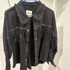 Zara Black Fringe Denim Jacket
